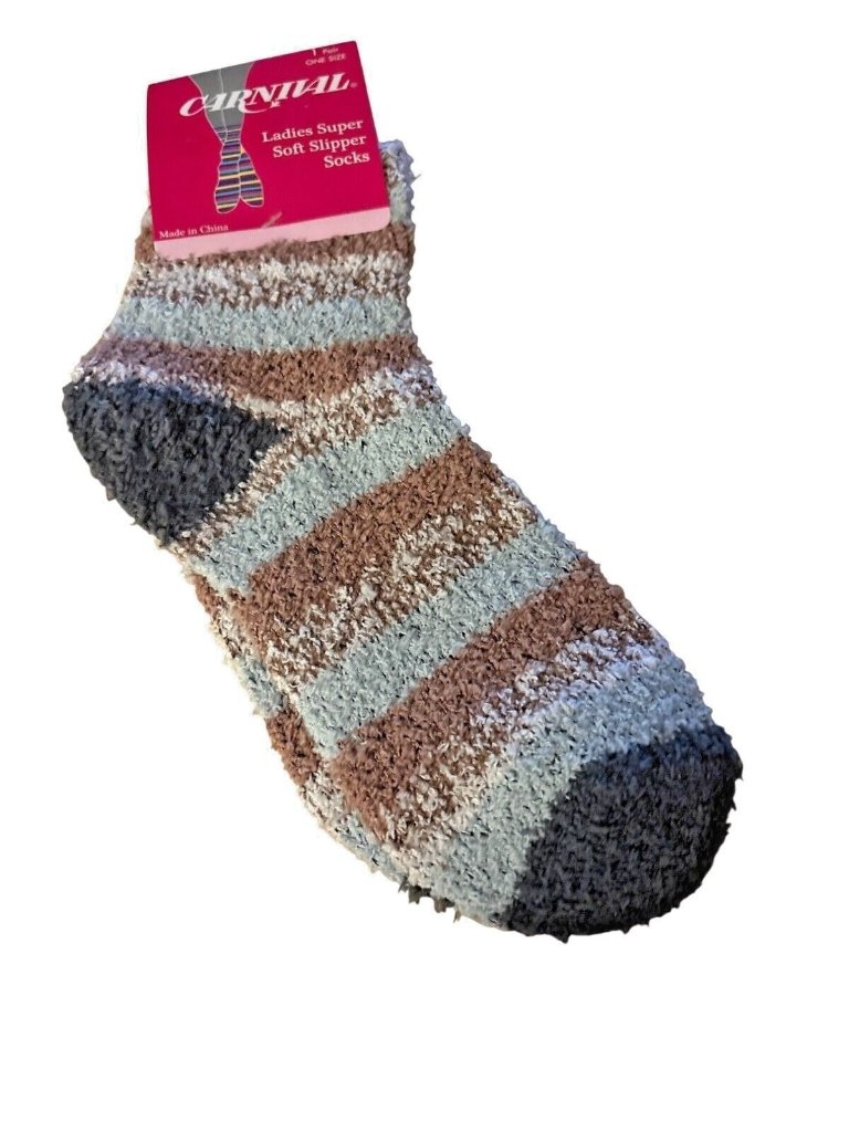 Womens Carnival Super Soft Slipper Socks 1 Sz Stripe Design Cozy Blue Brown (1d)